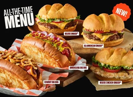 4.99 menu includes our americano dog, Deluxe smash and our all-american smash